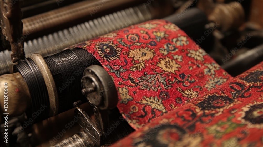 Poster high-speed weaving loom producing intricate fabric patterns in a textile factory