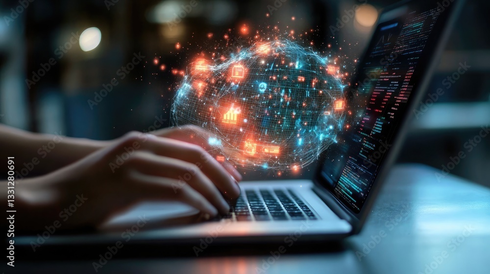Poster person using laptop with futuristic holographic digital data network visualization