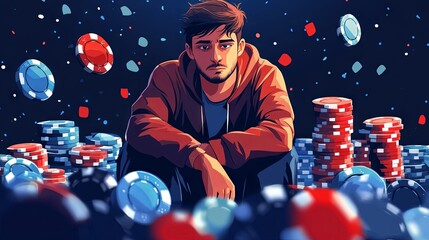 Concept of gambling, betting, and loss. A sad, depressed, and unhappy young man sitting at a casino, placing bets and on the verge of losing everything