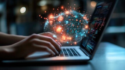 Person using laptop with futuristic holographic digital data network visualization