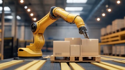 High-tech robotic arm stacking packaged goods onto a pallet