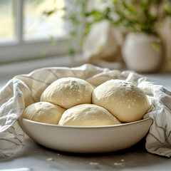 Fototapeta premium Bowl of raw dough balls on a cloth in a cozy kitchen setting.