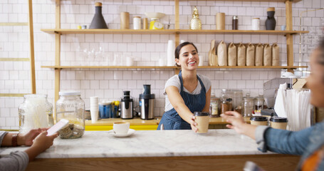 Woman, waiter and giving coffee at cafe of customer service, espresso drink and order collection....