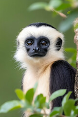 A black-and-white primate gazes directly at the camera, nestled amongst lush green foliage