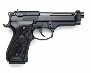 A black semi-automatic handgun isolated on white background