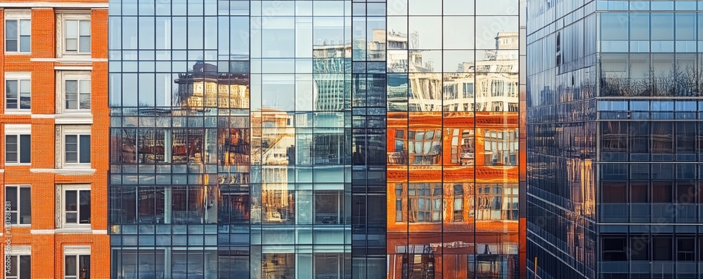Poster reflections and textures showcased on adjacent urban architectural building structures