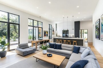 Fototapeta premium Modern open-plan living area with large windows, sectional sofa, and kitchen island.