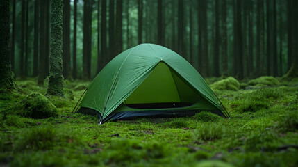 A green tent pitched in a mossy, dense forest