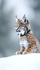 Fototapeta premium A lynx sits on a snowdrift, gazing intently Its spotted coat blends with the winter backdrop