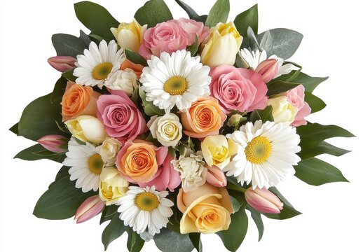 Colorful Floral Bouquet with Roses, Daisies, and Tulips Surrounded by Green Leaves for Celebrations and Events