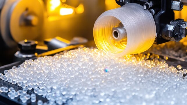 Industrial extruder processing raw plastic pellets into tubing