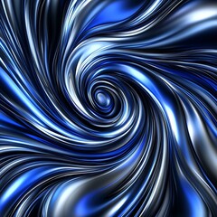 A swirling metallic blue and silver abstract design of curved lines