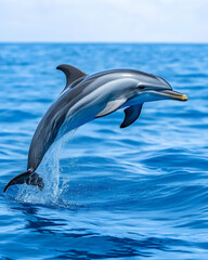 Fototapeta premium A striped dolphin leaps from the ocean, showcasing its sleek body and powerful jump