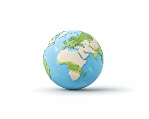 Obraz premium A textured globe, predominantly blue and green, displays a simplified world map against a white background