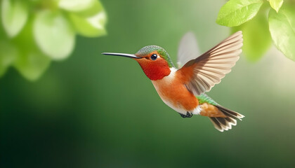 Fototapeta premium A vibrant hummingbird in flight, amidst lush green foliage, bathed in soft sunlight