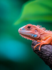 Fototapeta premium A vibrant orange lizard perched on a branch against a blurred teal background