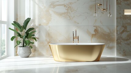 A spacious bathroom with a freestanding soaking tub, floor-to-ceiling marble walls, and gold-accented fixtures, isolated on a clean white background.