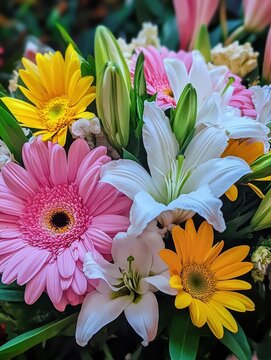 Colorful flower bouquet featuring pink gerbera daisies, white lilies, yellow daisies, and assorted foliage arranged beautifully for special occasions