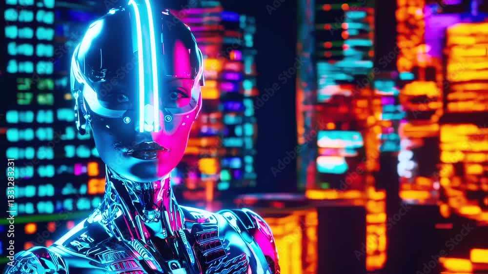 Poster robotic female android analyzing data streams, glowing neon illuminated head scanning digital screen