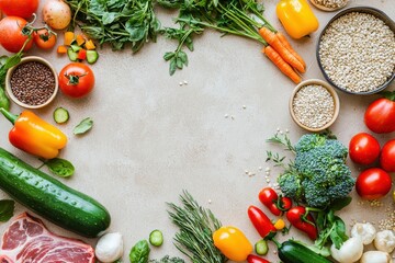 Fresh ingredients including tender cuts of meat, legumes, and vibrant vegetables, arranged for a wholesome farm-to-table dining experience..
