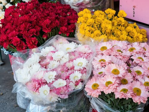 Colorful Flower Stall Display Featuring Red, White, Pink, and Yellow Flowers in Transparent Bags at a Local Market or Garden Center