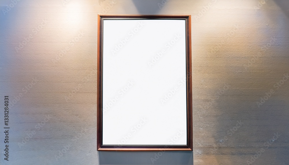 Poster an empty picture frame hanging on a wall, illuminated by spotlights