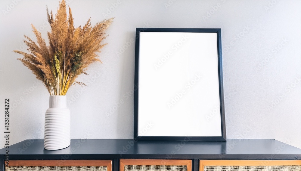 Poster an empty frame displayed on a table alongside a vase of decorative plants