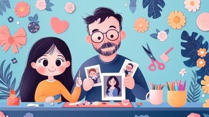 Grandfather and Granddaughter Scrapbooking Family Memories Together in Illustrated Style