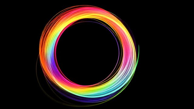 Dynamic abstract rainbow circle motion graphics on black background footage