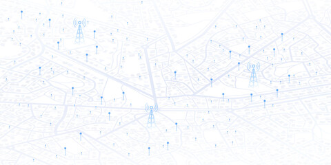 GPS coverage and 5G wi-fi. Network connectivity, signal distribution across the city. Isometric cityscape with wireless communication towers. Location signal strength indicators. Vector illustration