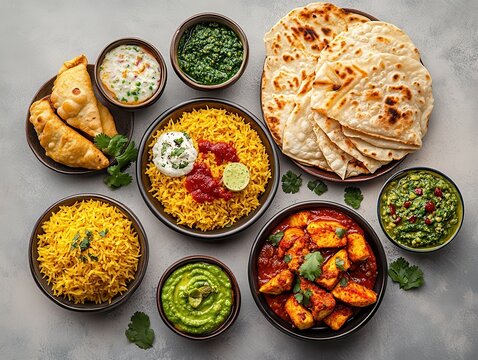 Colorful Indian Cuisine Arrangement Featuring Biryani, Chicken Curry, Naan Bread, Samosas, Dips, and Fresh Herbs on a Rustic Background