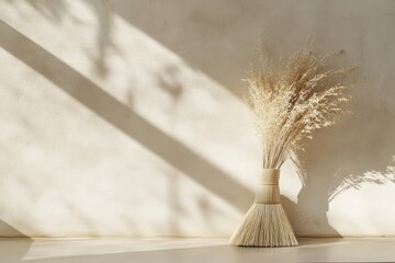 A bundle of dried plants and broom against a beige wall