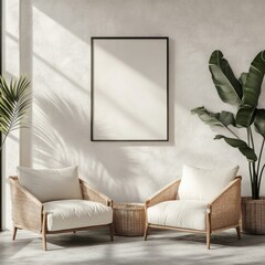 Sunlit living room with rattan chairs, plants, and blank frame.