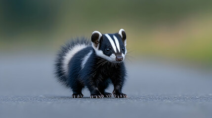 Adorable baby skunk with black fur and white stripes standing on asphalt