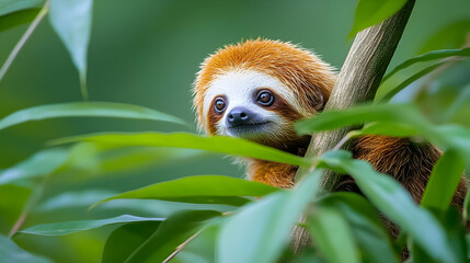 Naklejka premium Adorable baby sloth peering from lush green foliage