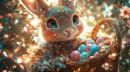 Adorable Easter Bunny Surrounded by Blossoms Holds Basket of Decorated Eggs in Golden Light