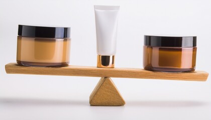 jars and tube with skin care product balancing on wooden seesaw 