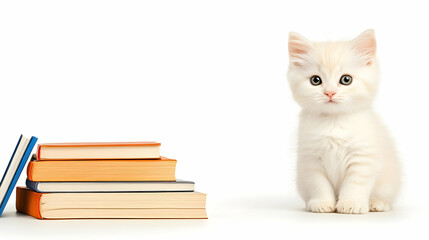 Adorable cream kitten sits beside a stack of books on white background