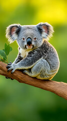 Obraz premium Adorable koala perched on a tree branch, gazing directly at the camera against a blurred green and yellow background