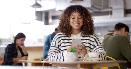 Phone, typing and woman in cafe with coffee reading online blog for hospitality review. Happy,...