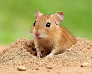 Adorable small rodent peeking from sand burrow