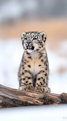 Obraz premium Adorable snow leopard cub sits on a log in snowy winter scene, mouth open