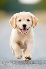 Adorable yellow lab puppy running towards camera, happy expression