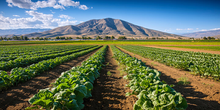 Neatly planted rows of crops stretching toward the horizon.