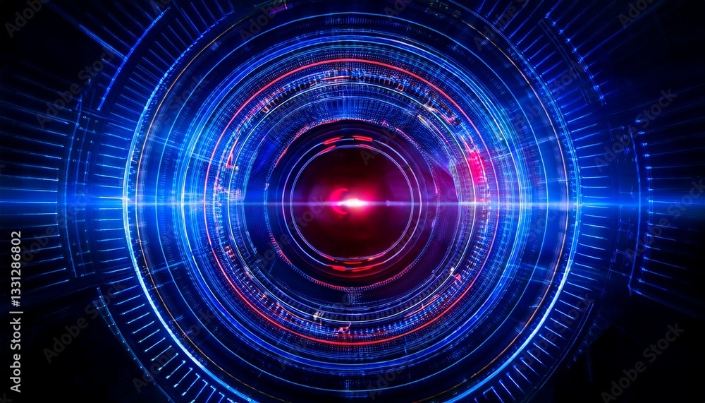 Poster a futuristic abstract of interconnected circles with a glowing red core. the blue and red tones crea