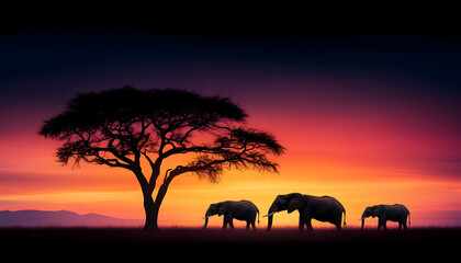 Fototapeta premium African elephants silhouetted against a vibrant sunset, beneath an acacia tree