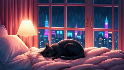 A cozy bedroom at night, a black cat sleeping peacefully on a soft bed, rain gently falling outside the large window.