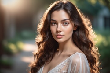 Naklejka premium A beautiful brunette woman with long curly hair smiling outdoors in summer or spring