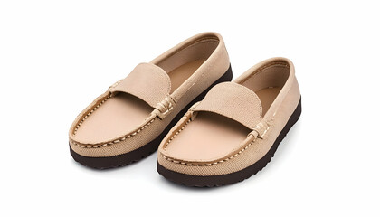 Beige suede loafers with dark brown rubber soles, isolated on white