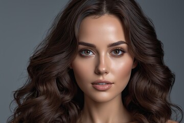 Fototapeta premium Close-up of a beautiful Caucasian brunette woman's face with elegant fashion makeup, glamorous hairstyle, and captivating eyes